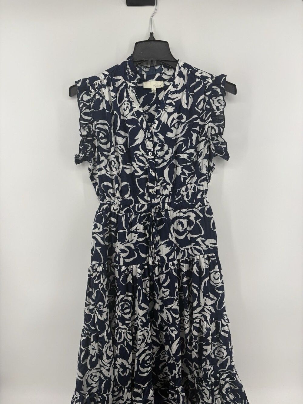 PINCH Floral Sleeveless Ruffle Dress Navy White Tiered Boho Maxi Sundress Size L